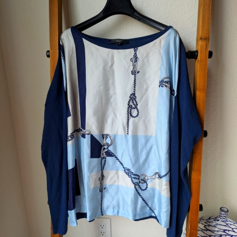 MaxMara Weekend Blue and White Rope-Print Front Silk Blouse - Est. Size XL